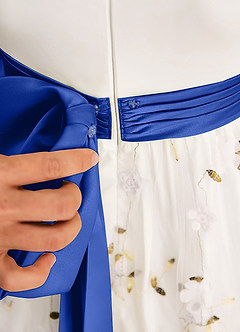 Azazie Pollie Flower Girl Dresses Ivory Royal Blue A-Line Bow Tulle Dress image7