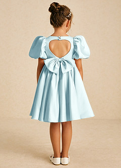Azazie Muffin Flower Girl Dresses Sea Glass A-Line with Sleeves Matte Satin Dress image1