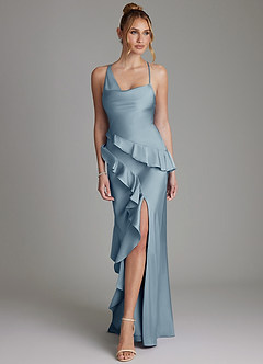 Azazie Jayda Bridesmaid Dresses Dusty Blue A-Line Ruched Stretch Satin Dress image4