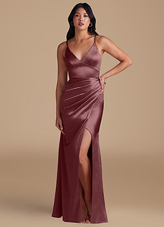 Azazie Shania Bridesmaid Dresses Vintage Mauve Sheath Pleated Metallic Satin Dress image5