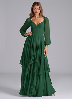 Azazie Karan Bridesmaid Dresses Dark Green A-Line Long Sleeve Chiffon Dress image3