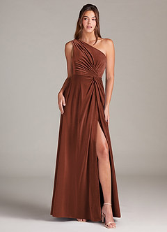 Azazie Brooke Robes de demoiselle d'honneur Robe Trapèze en velours Ue épaule Terracotta image1