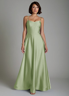 Azazie Nona Bridesmaid Dresses Dusty Sage A-Line Pleated Stretch Satin Dress image1