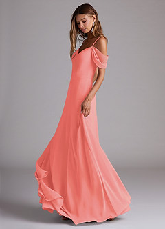 Azazie Marley Jurken voor bruidsmeisjes Converteerbaar Jurk van Chiffon met A-Lijn Off the Shoulder Koraal image3