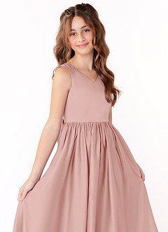 Azazie Hathaway Junior Vestido de Oro Rosa de Satin Mate de Corte En A con Lazo image5
