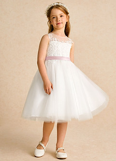 Azazie Lettie Flower Girl Dresses Ivory Powder Pink Ball-Gown Lace Dress image4