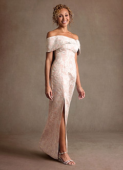 Azazie Zion Mother of the Bride Dresses Dusty Rose Sheath Off the Shoulder Floral Jacquard Dress image3