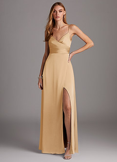Azazie Calissa Bridesmaid Dresses Gold A-Line V-Neck Pleated Stretch Satin Dress image1