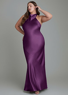 Azazie Velli Bridesmaid Dresses Plum Sheath High Neck Metallic Satin Dress image10