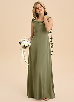 Azazie Gumdrop Junior Dusty Sage Empire Pleated Stretch Satin Dress image2