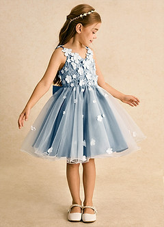 Azazie Junebug Robe Demoiselle D'honneur Fillette Robe Princesse en Tulle Dentelle Ivoire Bleu Bermudes image4