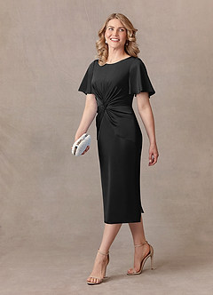 Azazie Everlyn Mother of the Bride Dresses Black Sheath Pleated Stretch Satin Dress image2