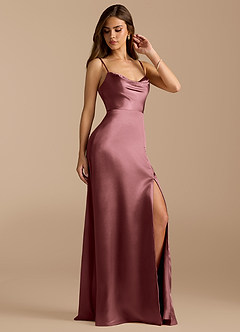 Azazie Erma Final Sale Vintage Mauve A-Line Side Slit Metallic Satin Dress image3