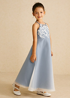 Azazie Ladybug Robe Demoiselle D'honneur Fillette Robe Trapèze en Organza Dentelle Bleu Poussiéreux image3