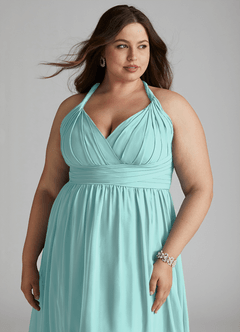Azazie Ashia Bridesmaid Dresses Aqua A-Line Pleated Chiffon Dress image10