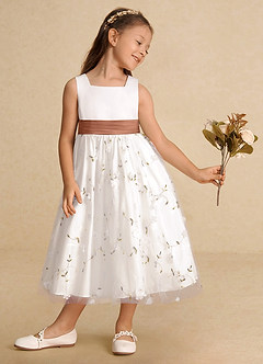 Azazie Pollie Flower Girl Dresses Ivory Bronzer A-Line Bow Tulle Dress image4