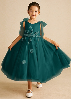 Azazie Minia Flower Girl Dresses Peacock A-Line Bow Matte Satin Dress image1