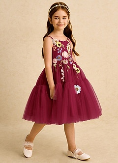 Azazie Osea Flower Girl Dresses Burgundy Ball-Gown Pleated Tulle Dress image5