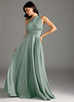 Azazie Charlize Bridesmaid Dresses Agave A-Line One Shoulder Stretch Satin Dress image5