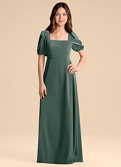 Azazie Briar Junior Vestido de Musgo Marino de Satén Elástico de Corte en A con Lazo image3