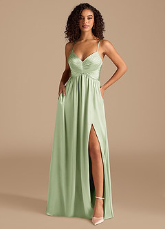 Azazie Alia Bridesmaid Dresses Dusty Sage A-Line Pleated Metallic Satin Dress image1