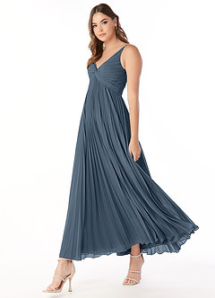 Azazie Raychelle Brautjungfernkleider A-Linie V-Hals Chiffon Kleid Neptunblau image3