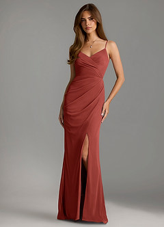 Azazie Maci Bridesmaid Dresses Terracotta Sheath Pleated Mesh Dress image1