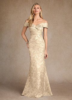 Azazie Canton Final Sale Champagne Mermaid Off the Shoulder Jacquard Dress image1