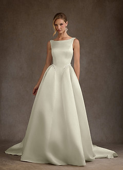 Azazie Odette Wedding Dresses Cream Ball-Gown Boatneck Satin Dress image6