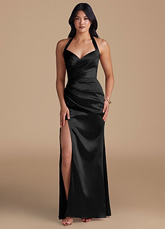 Azazie Emeria Bridesmaid Dresses Black Sheath Side Slit Metallic Satin Dress image1