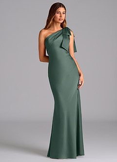 Azazie Yuanna Bridesmaid Dresses Sea Moss Mermaid One Shoulder Stretch Satin Dress image5