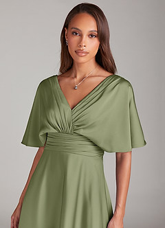 Azazie Pamela Vestidos de damas de honor Vestido Salvia De Jardín de Satén Elástico de Línea A con Plisado image5