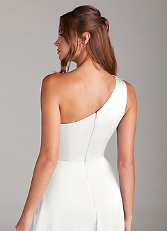 Azazie Brooke Brudtärnklänningar Klä av A-Linje i Stretch Satin Ena axeln Vit image3