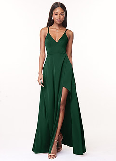 Azazie Maksim Bridesmaid Dresses Dark Green A-Line V-Neck Stretch Satin Dress image1