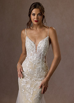 Azazie Leonie Vestidos de novia Vestido de Blanco Diamante Champán de Tul de Corte Sirena con Lentejuelas Cuello V image13