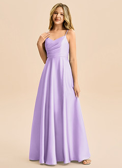 Azazie Rumi Junior A-Line Plisseret Stræk satin Gulv-længde Junior brudepige Kjole image3