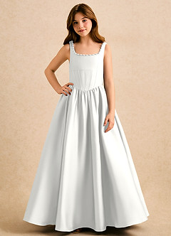 Azazie Enid Girls Formal Abiti da Ragazza di Fiori Abito A-Line in Raso Elasticizzato Perline Bianco image4