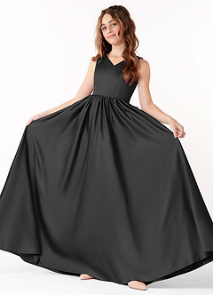 Azazie Hathaway Junior Black A-Line Bow Stretch Satin Dress image2