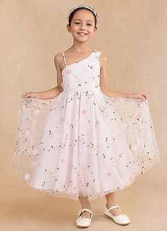 Azazie Ivilia Flower Girl Dresses Blushing Pink A-Line One Shoulder Tulle Dress image1