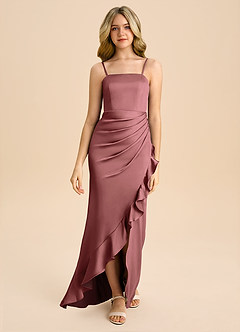 Azazie Buzzy Junior Vestido Ametista de Cetim elástico de Bainha com Plissado image4