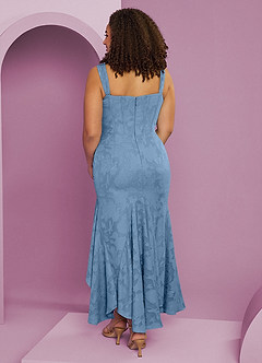 Barbie ♥ Azazie At-home Try On Dresses Dusty Blue Sheath Side Slit Floral Burnout Dress image11