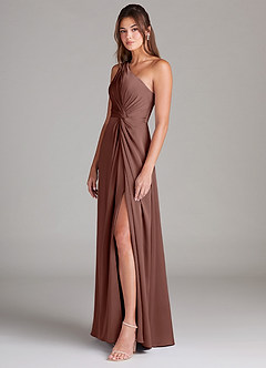Azazie Brooke Bridesmaid Dresses Espresso A-Line One Shoulder Stretch Satin Dress image11