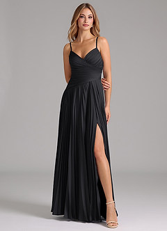 Azazie Vini Bridesmaid Dresses Black A-Line Pleated Stretch Satin Dress image4