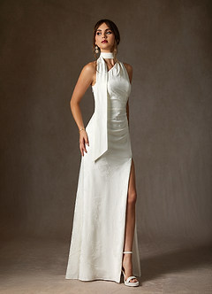 Azazie Misty Wedding Dresses Diamond White Sheath One Shoulder Floral Jacquard Dress image4
