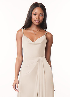 Azazie Brielle Robes de demoiselle d'honneur Robe Trapèze en Satin extensible Bretelles spaghetti Albâtre Blanc image4