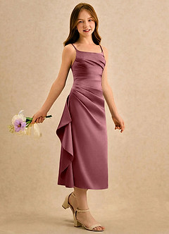 Azazie Canna Girls Formal Sukienki dla dziewczynek sypiących kwiaty Linia A Pofałdowany Satyna elastyczna Długość herbaty Sukienka image3