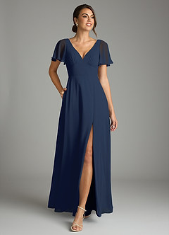 Azazie Kimber Bridesmaid Dresses Dark Navy A-Line Flounce Sleeve Chiffon Dress image4