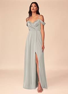 Azazie Ocean Bridesmaid Dresses Pebble A-Line V-Neck Pleated Stretch Satin Dress image1