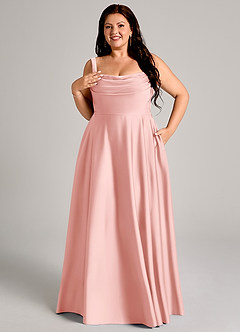 Azazie Shaude Bridesmaid Dresses Powder Pink A-Line Pleated Stretch Satin Dress image11