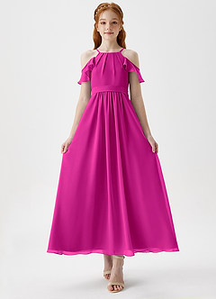 Azazie Chaya Junior Fuchsia A-Line Off the Shoulder Chiffon Dress image4
